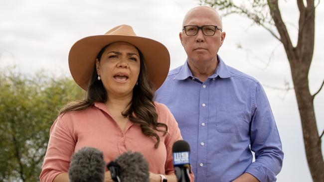 Opposition Leader Peter Dutton and Senator Jacinta Price hold a press conference on ANZAC Hill in Alice Springs. Picture: Liam Mendes / The Australian