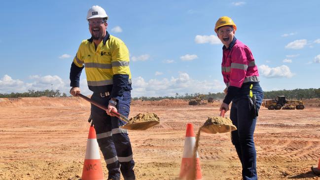 Northern Australia Civil Managing Director Jimmy Riggall and Mining Minister Nicole Manison at the official opening of the Core Lithium Finniss Lithium Project BP33 Underground Mine near Darwin. Picture: Fia Walsh