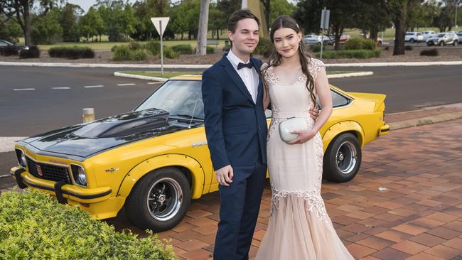 Jaden McIntosh partners Zoey Tanzer to her Wilsonton State High School formal arrivals at USQ, Wednesday, November 18, 2020. Picture: Kevin Farmer