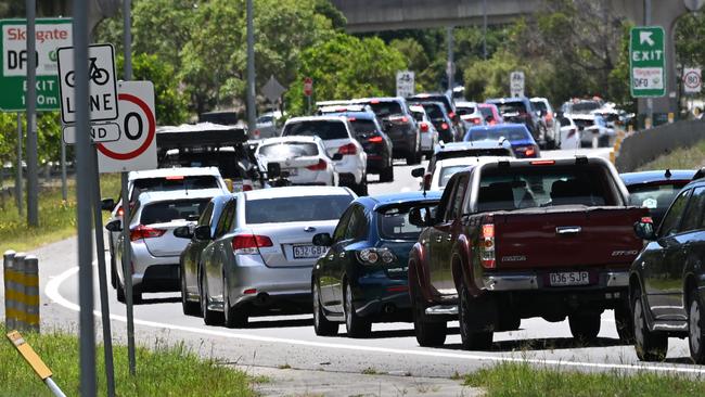 Heavy traffic clogs main roads around the DFO stores at the Brisbane Airport during the Boxing Day sales. Picture: Lyndon Mechielsen/Courier Mail