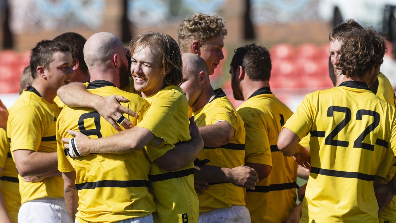 Goondiwindi Emus celebrate their defeat of Dalby Wheatmen in Downs Rugby B grade Bill Flamsteed Cup grand final rugby union at Toowoomba Sports Ground, Saturday, August 24, 2024. Picture: Kevin Farmer