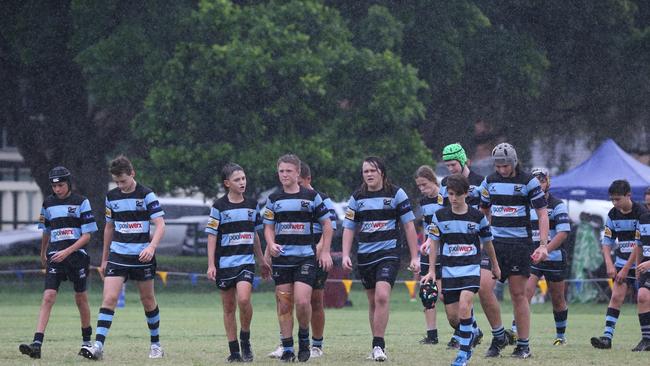 Day 1 of the King of the Country junior rugby union tournament at the Gold Coast Eagles Rugby Union Club.Maroochydore Swans (BLUE AND BLACK) vs USQ Saints (Blue ) Maroochydore Player No USQ Player No Pic Mike Batterham