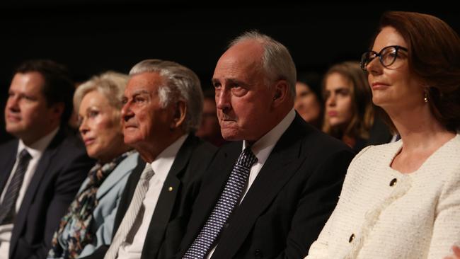 Former Prime Ministers Bob Hawke, Paul Keating and Julia Gillard listening to Opposition Leader Bill Shorten at Labor's Campaign launch. Picture Kym Smith