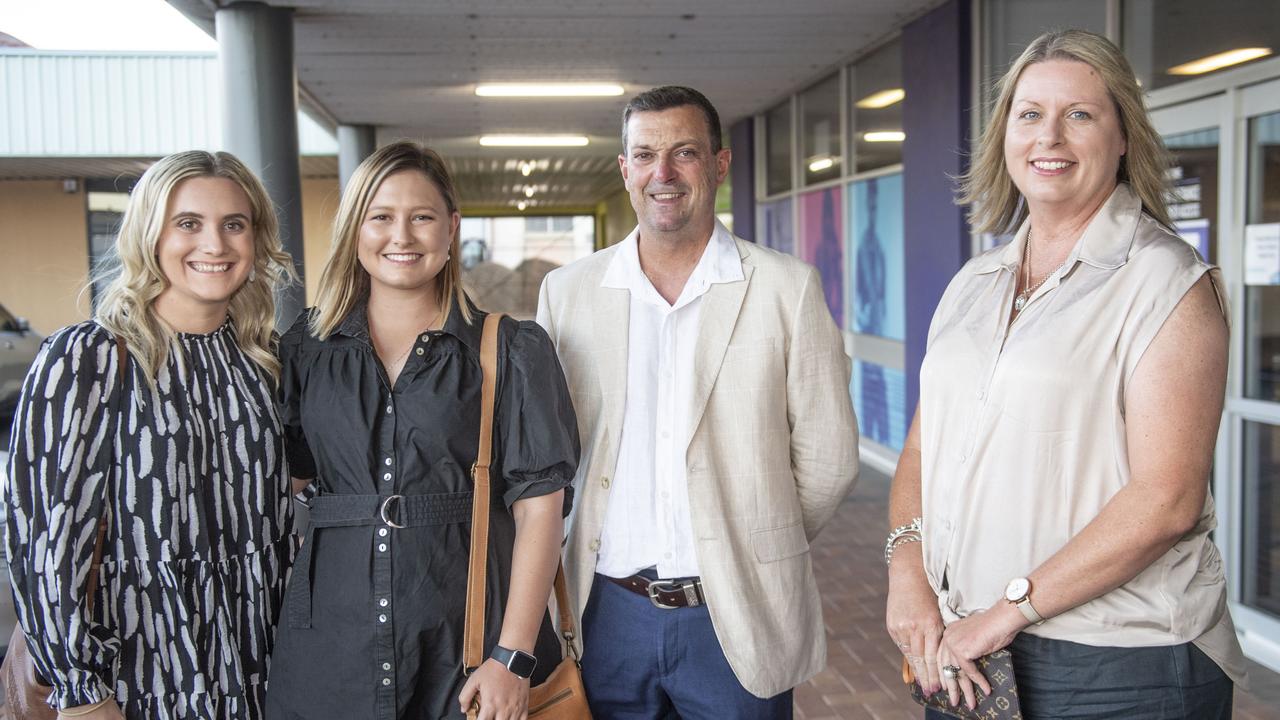 (from left) The team from The Glennie School. Abbie Prendergast, Shayne Hayes, Darryl Griffiths and Harlie Thompson. Sports Darling Downs Sports Stars of the Year dinner. Saturday, February 11, 2023. Picture: Nev Madsen.