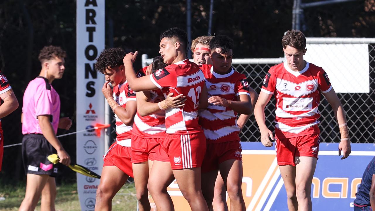 LANGER trophy schoolboy rugby league grand final between Palm Beach Currumbin SHS and Ipswich SHS. Ipswich SHS celebrate a try. Picture: NIGEL HALLETT