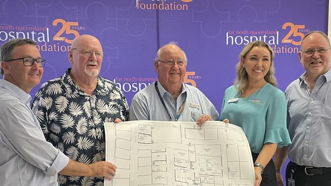 CHHHS acting Chief Executive Jeremy Wellwood, cancer patient Rex Cashion, Far North Queensland Hospital Foundation CEO Gina Hogan, CHHHS chairman Clive Skarott, and Foundation Chairman Dr Ken Chapman.