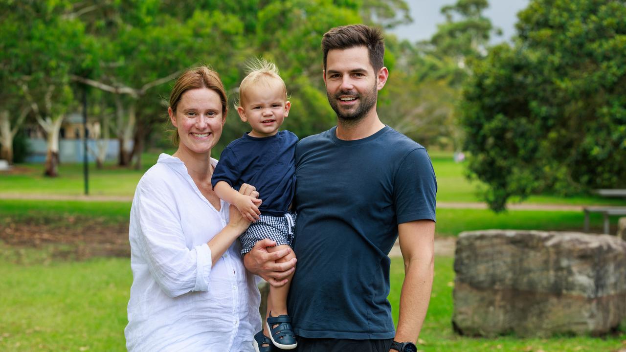 Balmain residents, Stephanie and Jacob Cakarnis, with their 18-month-old son Frederick are worried traffic will worsen on the Rozelle Interchange in February. Picture: Justin Lloyd.