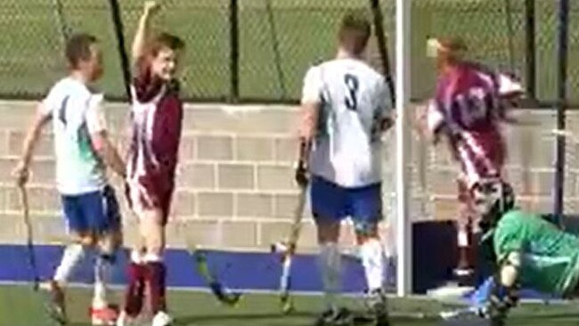 Grafton players celebrate a goal during the side's 2-1 win against hosts Metro South West in their first Pool B match at the 2021 NSW Open Mens Field Hockey Championships at Moorebank on Saturday, 12th June, 2021.