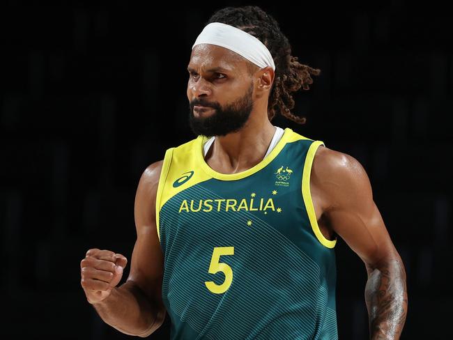 SAITAMA, JAPAN - AUGUST 07: Patty Mills #5 of Team Australia reacts against Team Slovenia during the second half of the Men's Basketball Bronze medal game on day fifteen of the Tokyo 2020 Olympic Games at Saitama Super Arena on August 07, 2021 in Saitama, Japan. (Photo by Kevin C. Cox/Getty Images)