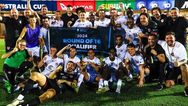 Hume City celebrates its Australia Cup win over Darwin Hearts.