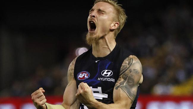 AFL: Round 10 Carlton V Geelong at Etihad Stadium, 29th of May, Melbourne Australia. Carlton's Dennis Armfield celebrates his goal in the third quarter Picture: George Salpigtidis