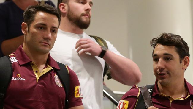 Cooper Cronk and Billy Slate at Sydney airport ahead of Origin II. Pic Peter Wallis