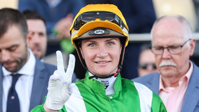 Star jockey Jamie Kah’s condition has improved as she continues her recovery from a fall at Flemington earlier this month. Picture: Racing Photos via Getty Images