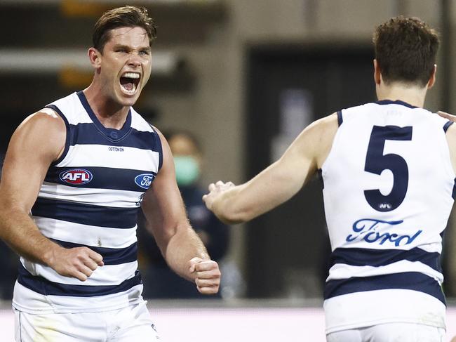 Tom Hawkins (L) booted four goals to take his tally for the season to 54, just shy of Coleman Medal leader Harry McKay (58). (Photo by Daniel Pockett/Getty Images)