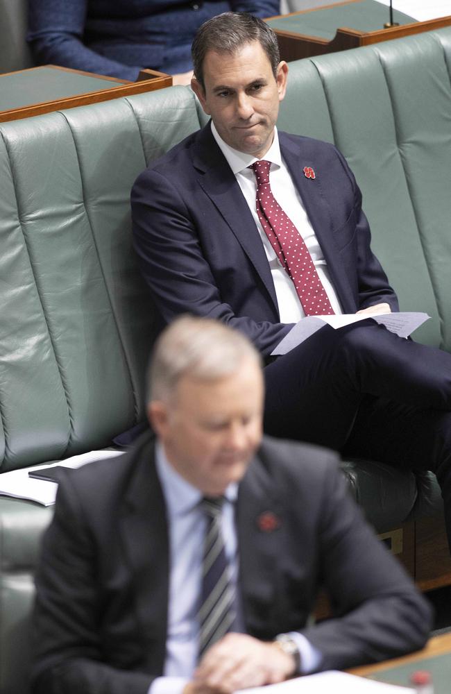 Jim Chalmers behind Anthony Albanese in Question Time. Picture: NCA NewsWire / Gary Ramage