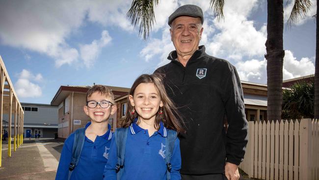 Frank Ali drops his Grandchildren Indi, nine, and Ziggy, seven, to East Adelaide School in St Peter’s Adelaide, where families were advised to keep children at home after it received a bomb threat. Picture: NCA NewsWIRE / Emma Brasier
