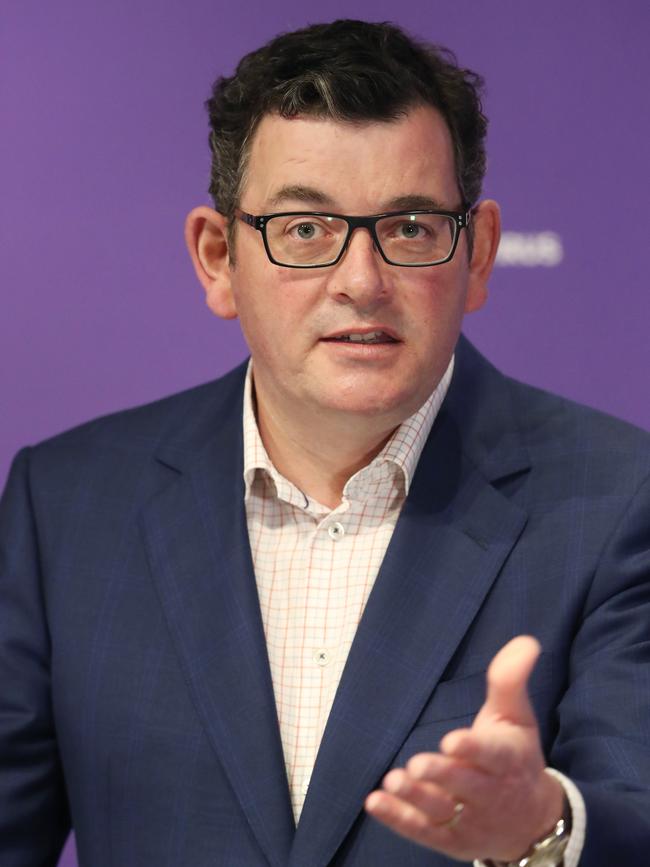 Daniel Andrews at a press conference in Melbourne on Sunday. Picture: David Crosling