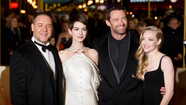 Russell Crowe,Anne Hathaway, Hugh Jackman and Amanda Seyfried pose for photographers on the red carpet ahead of the world premiere of "Les Miserables". Picture: AFP