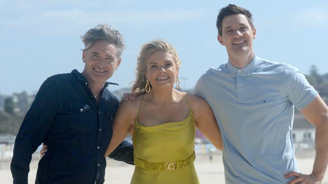 Dave Hughes,Erin Molan and Ed Kavalee filming at Bondi for their 2Day FM breakfast show. Picture: NCA NewsWire/Jeremy Piper