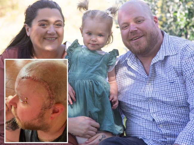 father Darryl Megaw underwent brain surgery to remove a brain tumour, his wife who was 31-weeks pregnant was forced to undergo emergency surgery on her gallbladder.