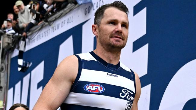 MELBOURNE, AUSTRALIA - SEPTEMBER 21: Patrick Dangerfield (c) of the Cats leads the team out during the AFL Preliminary Final match between Geelong Cats and Brisbane Lions at Melbourne Cricket Ground, on September 21, 2024, in Melbourne, Australia. (Photo by Quinn Rooney/Getty Images)