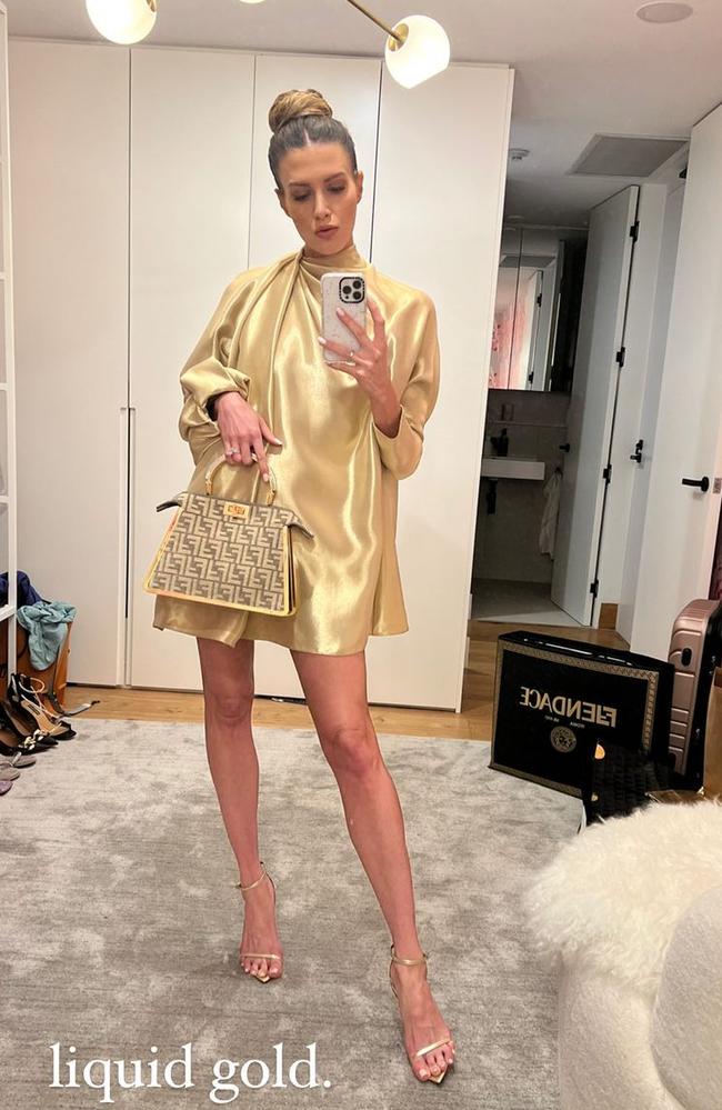 Erin Holland stunned in this gold Fendi dress. Picture: Instagram/ErinHolland