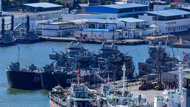 Taiwanese Navy warships are anchored at a harbour in Keelung, Taiwan. Picture: Getty Images