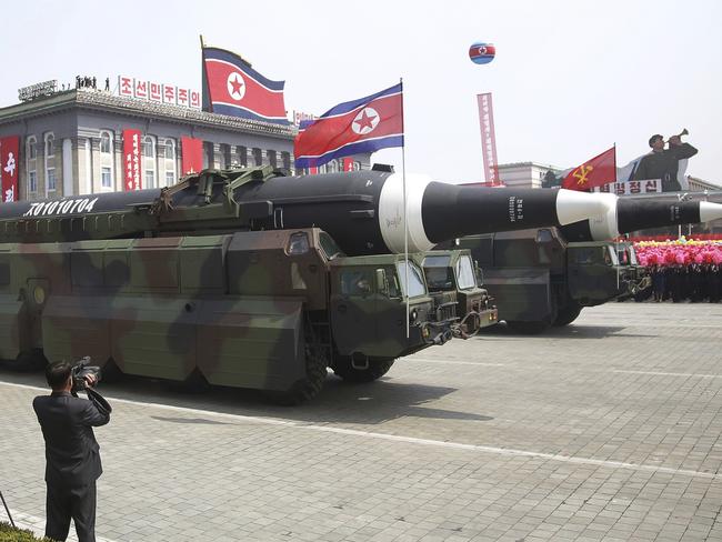 In what military experts say appears to be a North Korean KN-08 Intercontinental Ballistic Missile (ICMB) is paraded across Kim Il Sung Square. Picture: AP