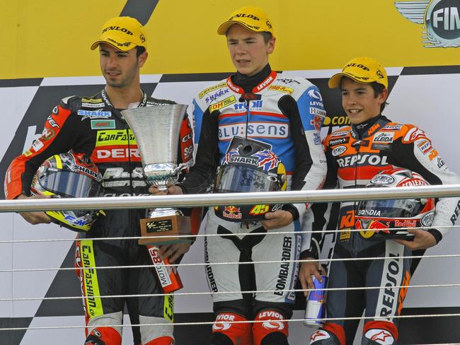 Mike di Meglio, Scott Redding and Marquez on the podium at Donington.