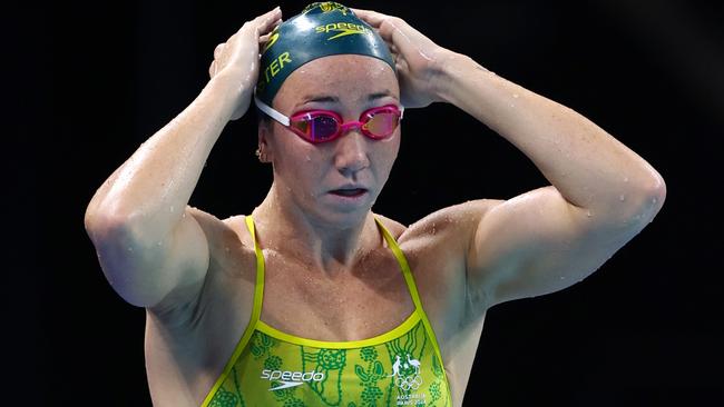 PARIS, FRANCE - JULY 24: Lani Pallister of Team Australia looks on during a Swimming training session ahead of the Paris 2024 Olympic Games at Paris La Defense Arena on July 24, 2024 in Paris, France. (Photo by Quinn Rooney/Getty Images)