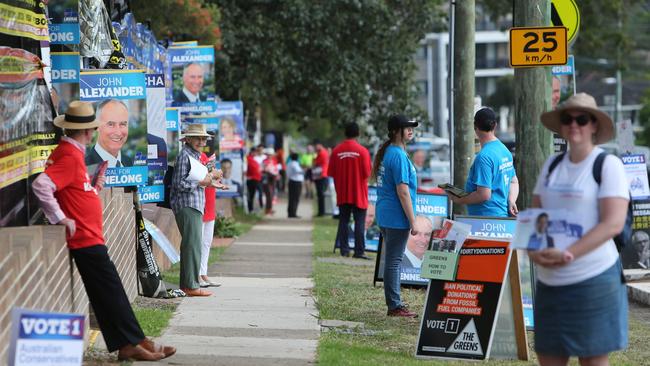 Party workers all prepared outside Carlingford Public School earlier today. Picture: Tim Hunter