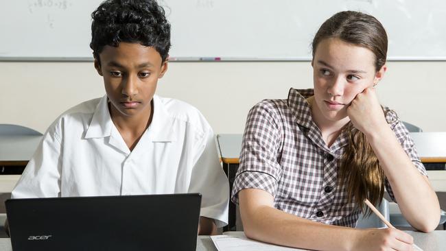 Glen Eira College, with students Vishal Shanmugam and Georgia Wood-Freeman, was among schools set to trial online NAPLAN tests. Picture: Sarah Matray