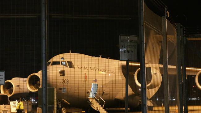 An RAAF plane at Sydney airpot after transporting survivors for medical attention. Picture: Bill Hearne.