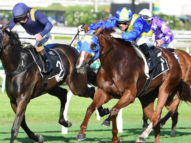 Tycoon Evie (outside) winning at Eagle Farm. Picture: Trackside Photography