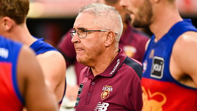 PERTH, AUSTRALIA - MARCH 17: Chris Fagan, Senior Coach of the Lions with his team at the break during the 2024 AFL Round 01 match between the Fremantle Dockers and the Brisbane Lions at Optus Stadium on March 17, 2024 in Perth, Australia. (Photo by Daniel Carson/AFL Photos via Getty Images)