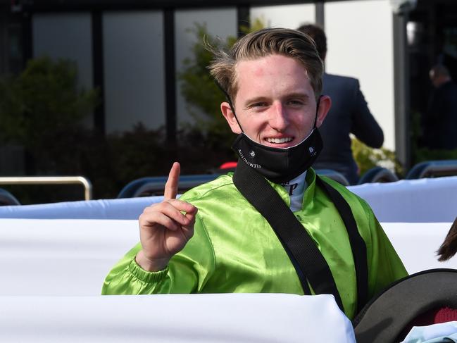 Michael Poy returns to the mounting yard with Affair to Remember after winning the TAB Matriarch Stakes at Flemington Racecourse on November 07, 2020 in Flemington, Australia. (Brett Holburt/Racing Photos via Getty Images)