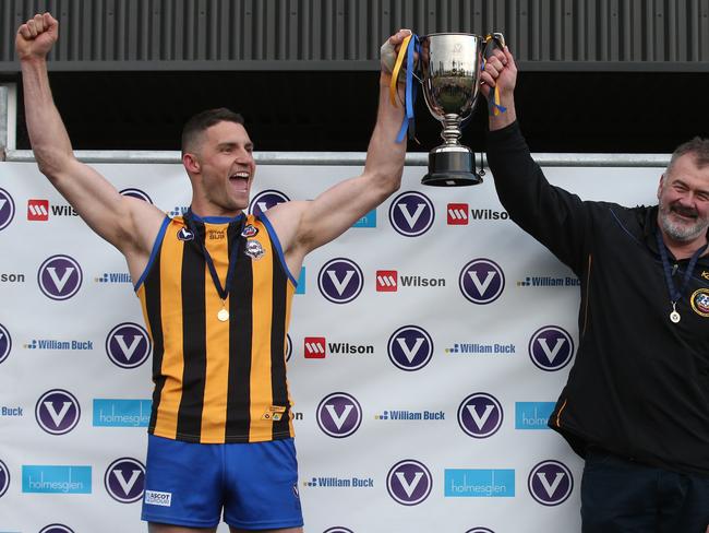 St Bernards captain Simon Caven and coach Mark Riley celebrate their win during the VAFA Premier B GF. Picture: David Crosling