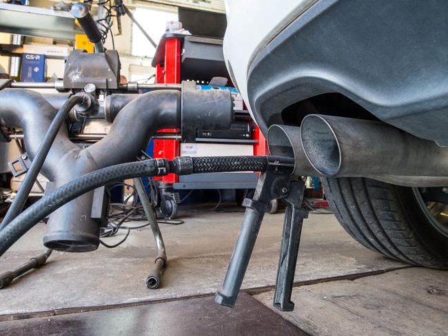 A Volkswagen diesel car undergoes an emissions inspection at a garage in Frankfurt, eastern Germany. Picture: AFP