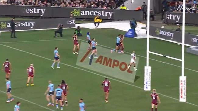 Latrell Mitchell flattens Reece Walsh off the ball in the 37th minute and the Maroons players do nothing about it.