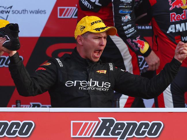 BATHURST, AUSTRALIA - OCTOBER 13: Todd Hazelwood, driver of the Erebus Motorsport Chevrolet Camaro celebrates victory during the Bathurst 1000, part of the 2024 Supercars Championship Series at Mount Panorama, on October 13, 2024 in Bathurst, Australia. (Photo by Morgan Hancock/Getty Images)