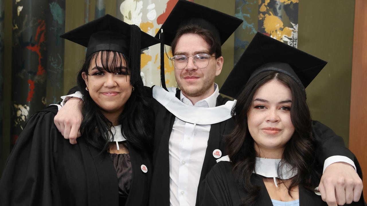 Griffith business school graduation at Gold Coast convention Centre. Tahliya Griffin, Teancum Griffin, and Anaysha Griffin. Picture Glenn Hampson