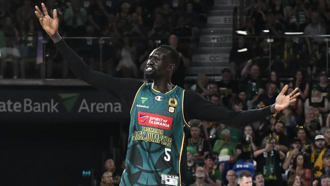 HOBART, AUSTRALIA - JANUARY 10: Majok Deng of the Jackjumpers pumps up the crowd during the round 16 NBL match between Tasmania Jackjumpers and Adelaide 36ers at MyState Bank Arena, on January 10, 2025, in Hobart, Australia. (Photo by Simon Sturzaker/Getty Images)