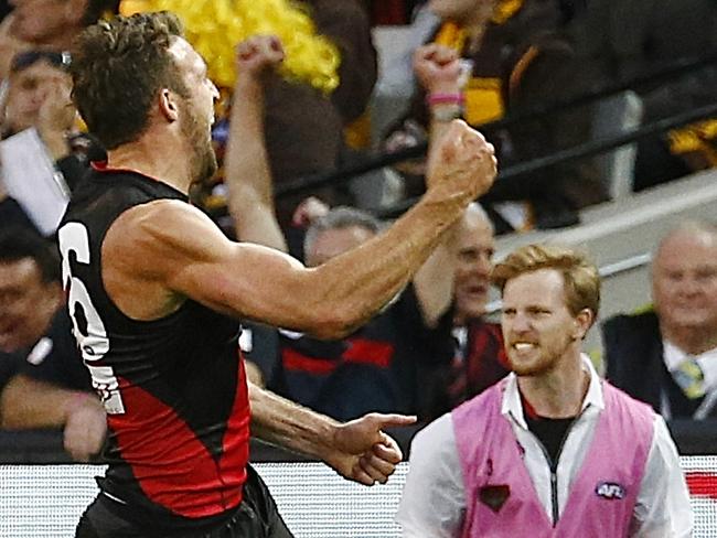 Cale Hooker celebrates the game-winning goal against Hawthorn in Round 2.