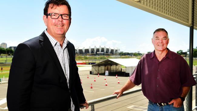 The Townsville Hospital and Health ServiceÕs COVID-19 drive-through assessment clinic is now at Reid Park in Railway Estate. Townsville Hospital and Health Services Chief Executive Kieran Keyes with Scott Stewart MP