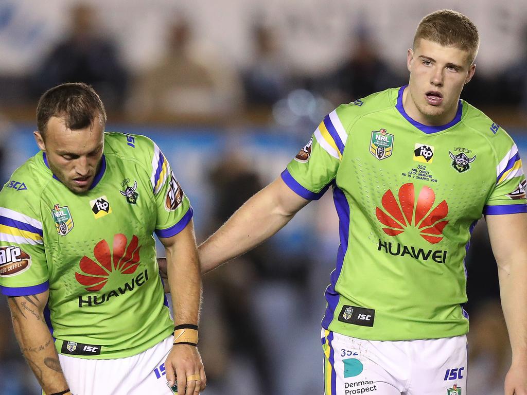 A dejected Canberra's Josh Hodgson after the Cronulla Sharks v Canberra Raiders NRL match at Southern Cross Group Stadium, Cronulla. Picture: Brett Costello