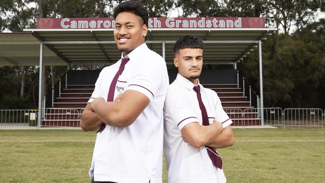 Xavier Stowers (L) and Jardyn Stilinovich-Watene posing at Marsden State High School at 106-130 Muchow Rd, Waterford West, Brisbane, 3rd of June 2021. (News Corp/Attila Csaszar)