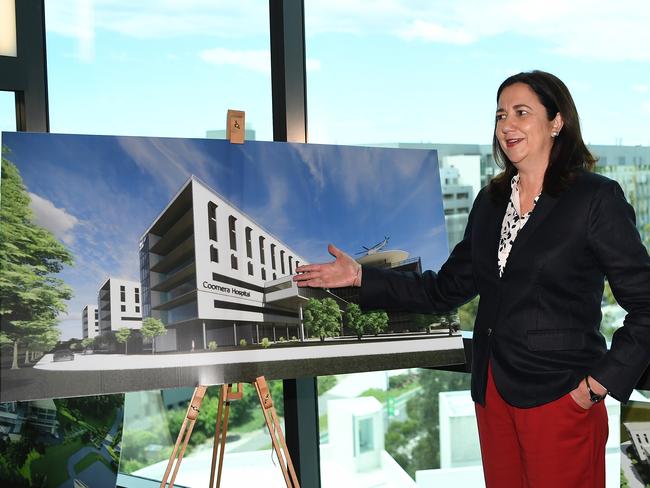 Premier Annastacia Palaszczuk stands next to an image of the future Coomera Hospital during a visit to the Gold Coast University Hospital while on the election campaign trail in October 2020. The plans have advanced considerably since. Picture: NCA NewsWire / Dan Peled.