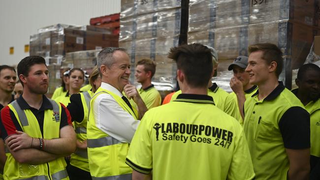 Bill Shorten speaking to workers during a visit to ACFS on ahead of the May 18 Federal election. Picture: Lukas Coch/AAP