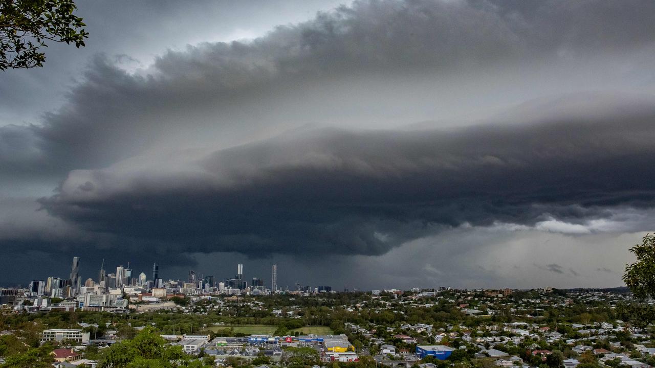 The storm front over Brisbane on Monday afternoon. Picture: Richard Walker