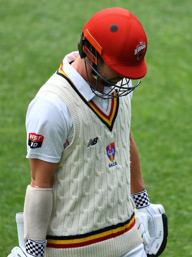 Travis Head of the Redbacks was dismissed for 14. Picture: Steve Bell